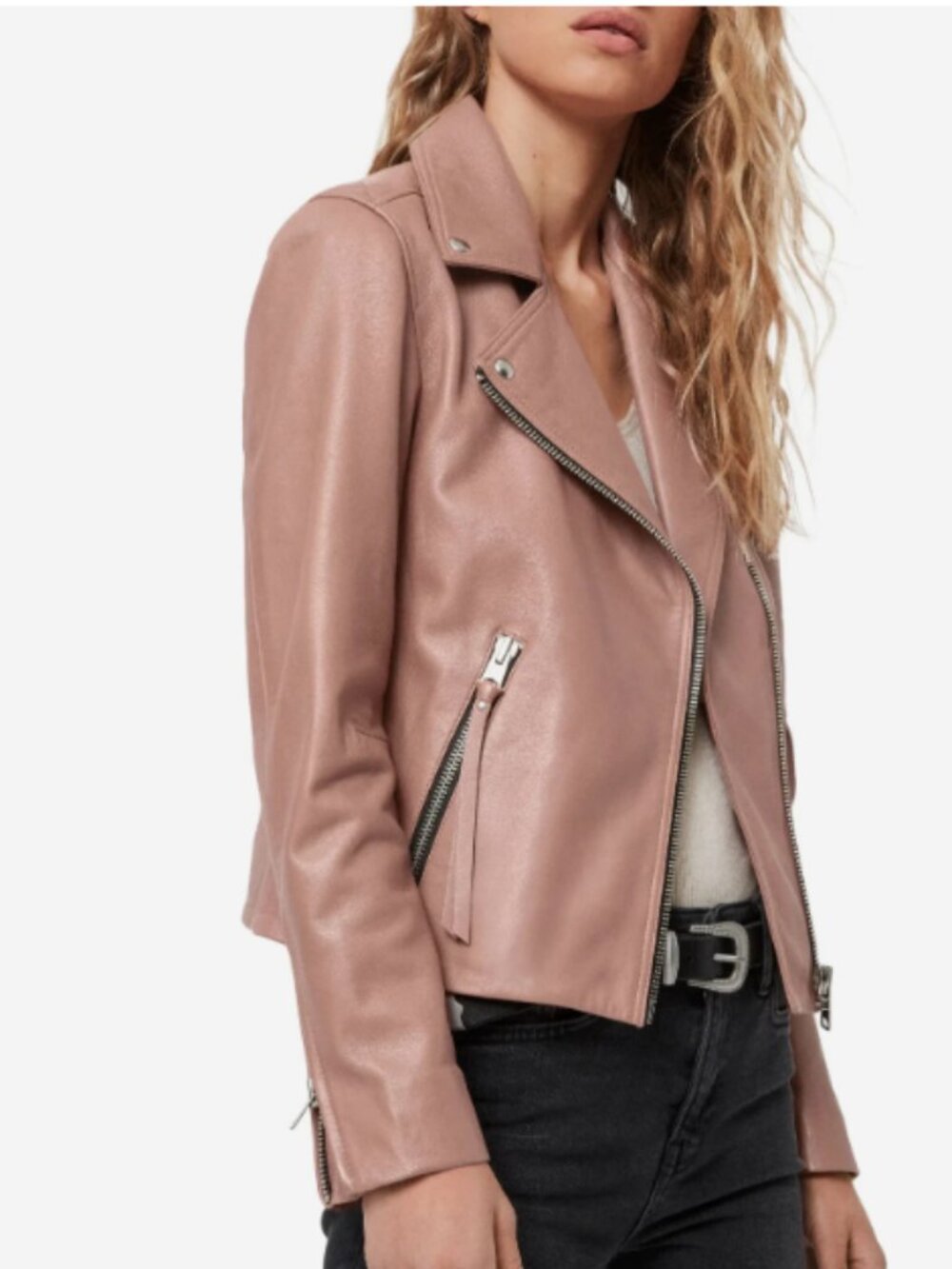 AllSaints Dalby Leather Biker Jacket in Blush Pink - Size US 4 - Picture 14 of 16